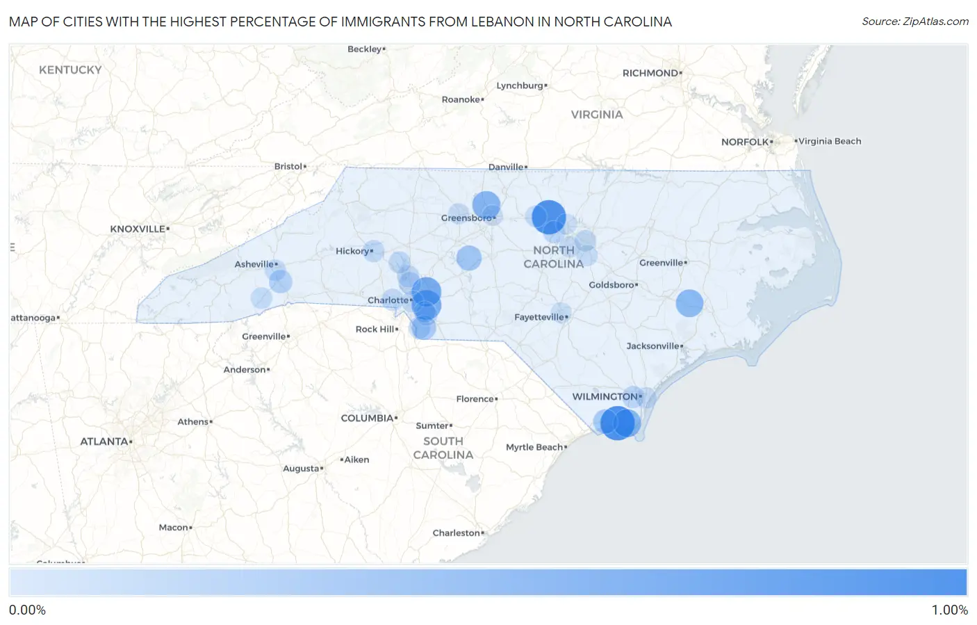 Cities with the Highest Percentage of Immigrants from Lebanon in North Carolina Map