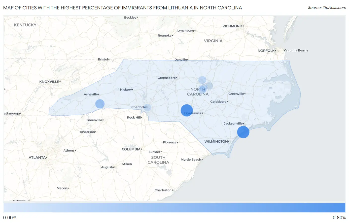 Cities with the Highest Percentage of Immigrants from Lithuania in North Carolina Map