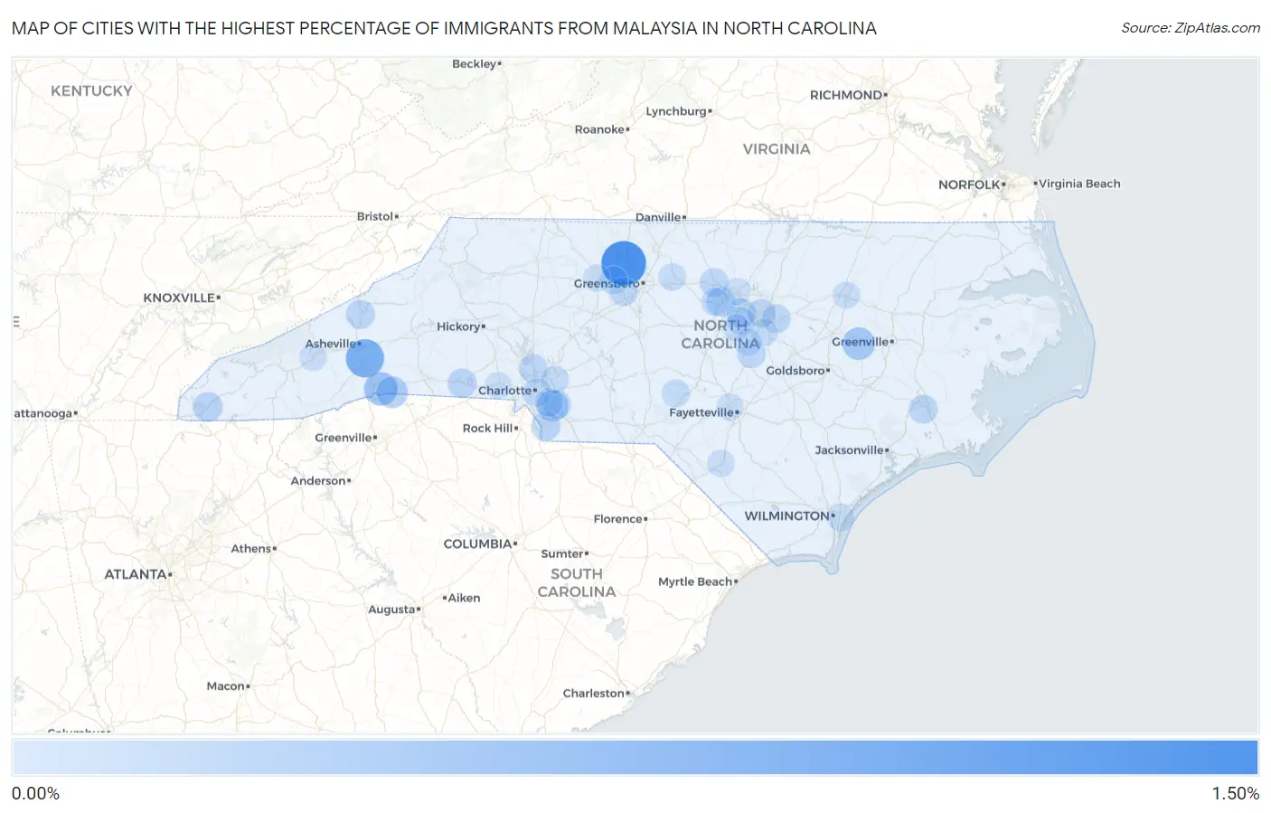 Cities with the Highest Percentage of Immigrants from Malaysia in North Carolina Map