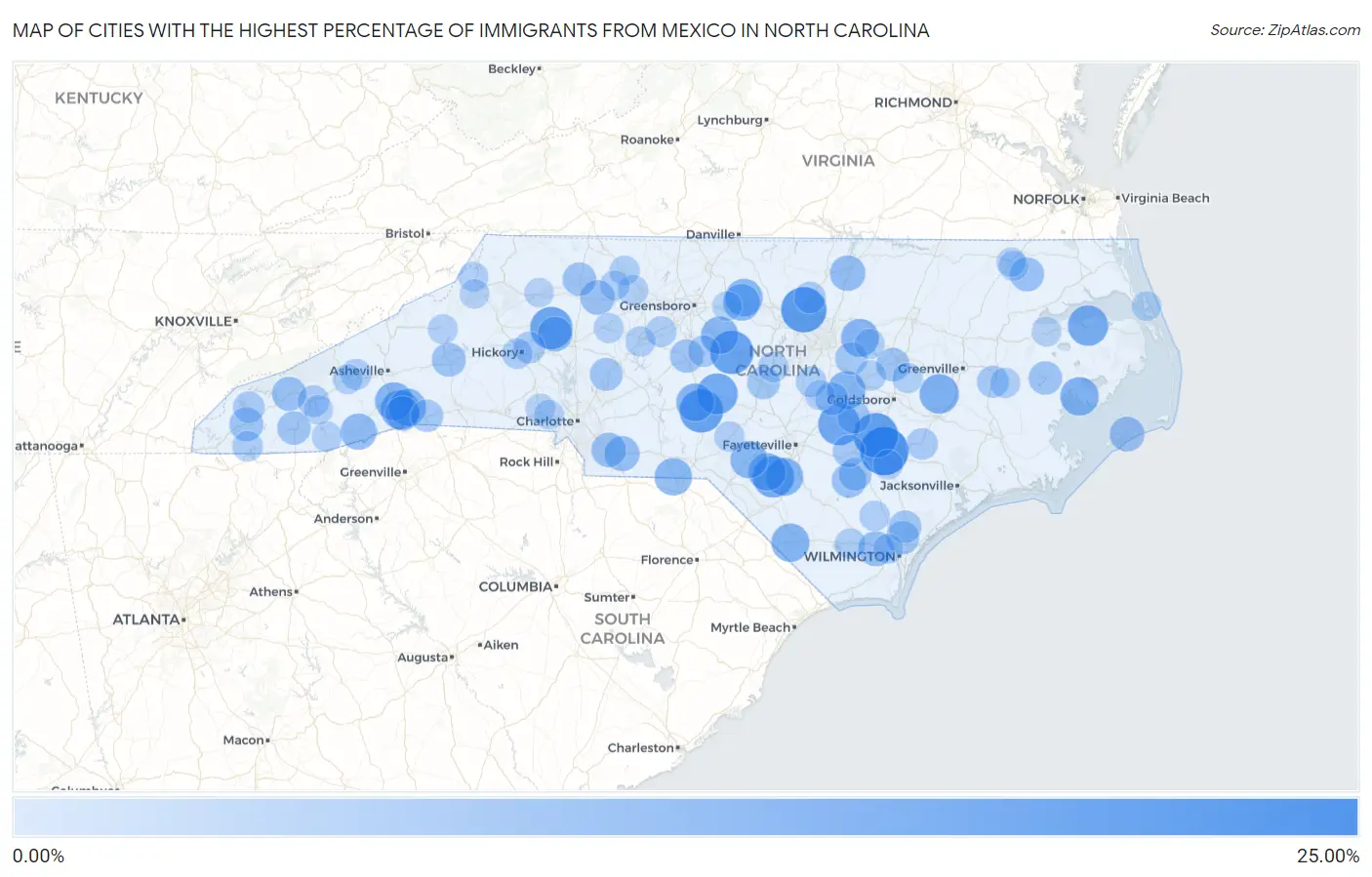 Cities with the Highest Percentage of Immigrants from Mexico in North Carolina Map