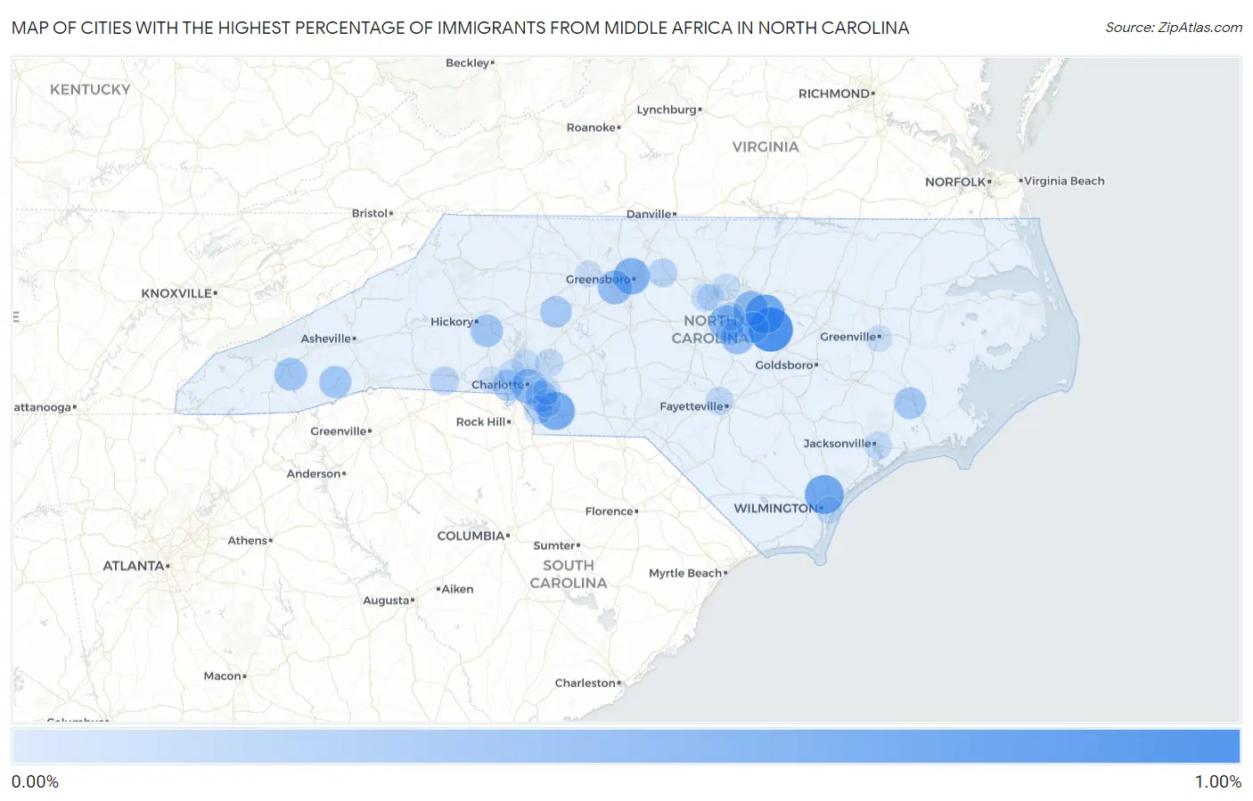 Cities with the Highest Percentage of Immigrants from Middle Africa in North Carolina Map