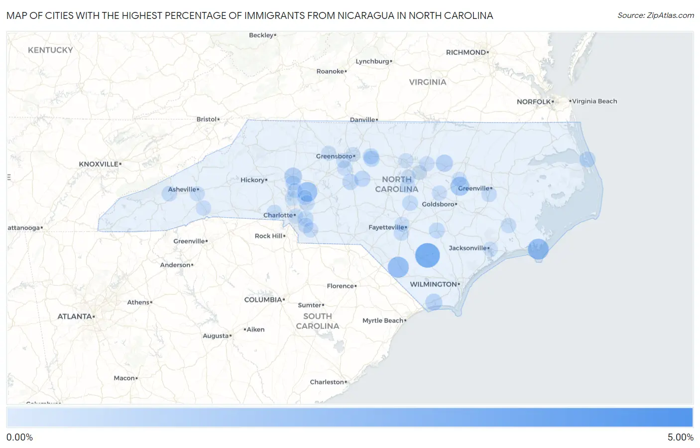 Cities with the Highest Percentage of Immigrants from Nicaragua in North Carolina Map