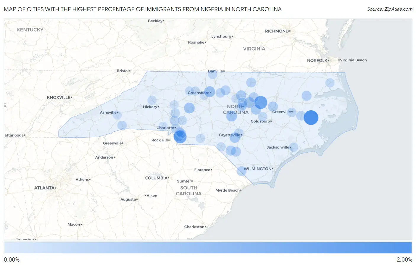 Cities with the Highest Percentage of Immigrants from Nigeria in North Carolina Map