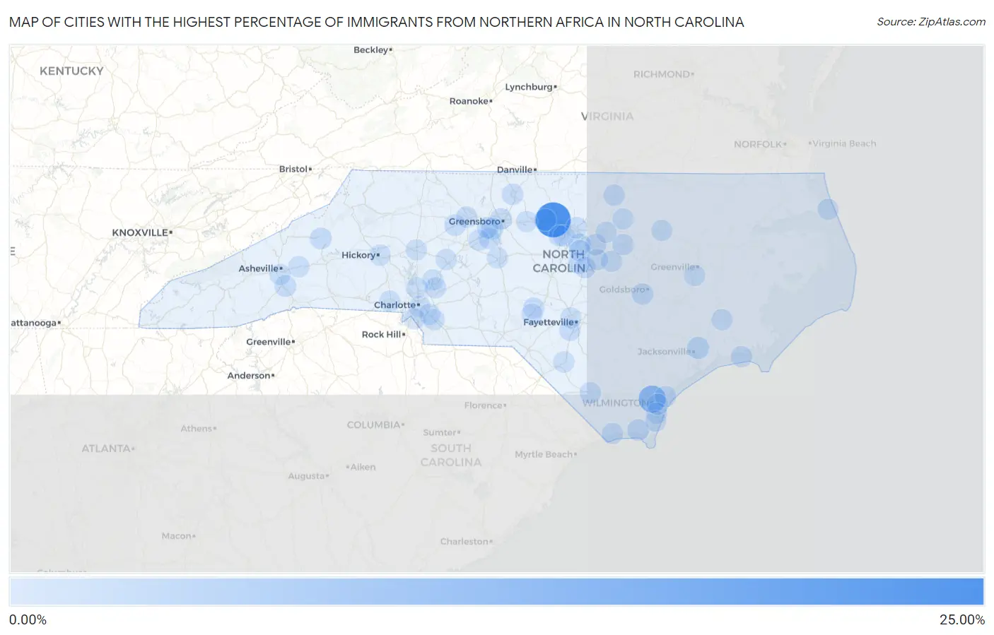 Cities with the Highest Percentage of Immigrants from Northern Africa in North Carolina Map