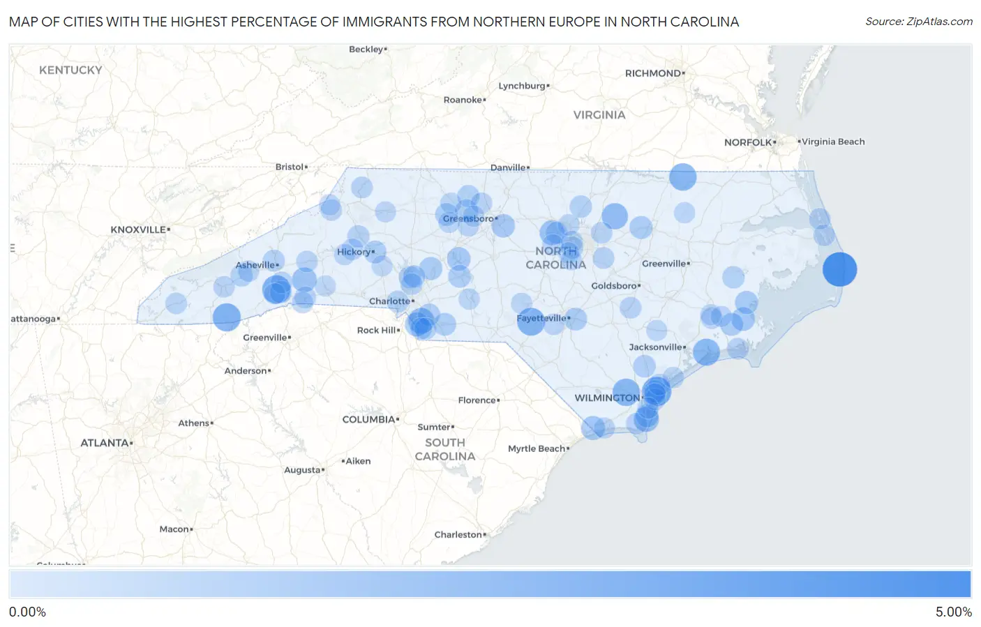 Cities with the Highest Percentage of Immigrants from Northern Europe in North Carolina Map