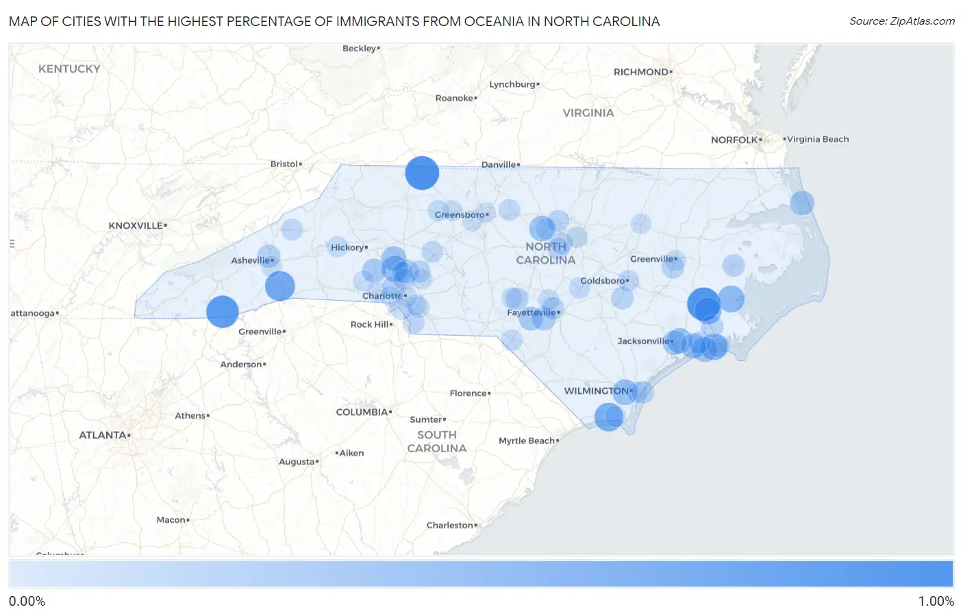 Cities with the Highest Percentage of Immigrants from Oceania in North Carolina Map