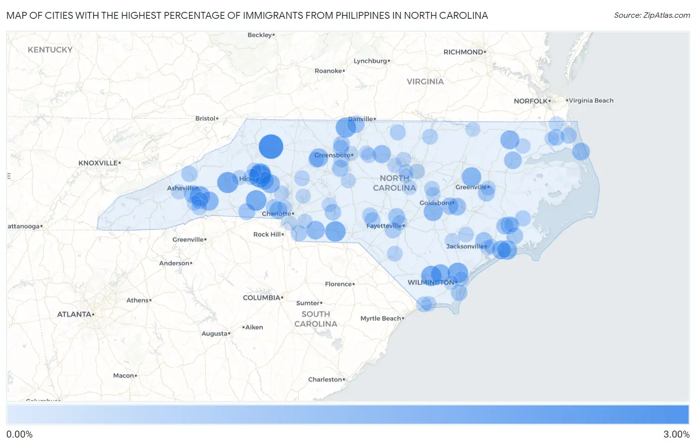Cities with the Highest Percentage of Immigrants from Philippines in North Carolina Map