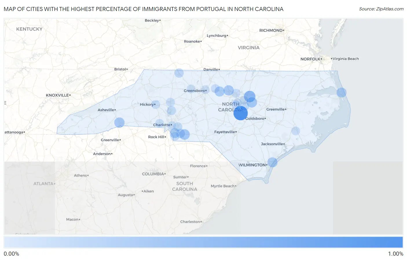 Cities with the Highest Percentage of Immigrants from Portugal in North Carolina Map