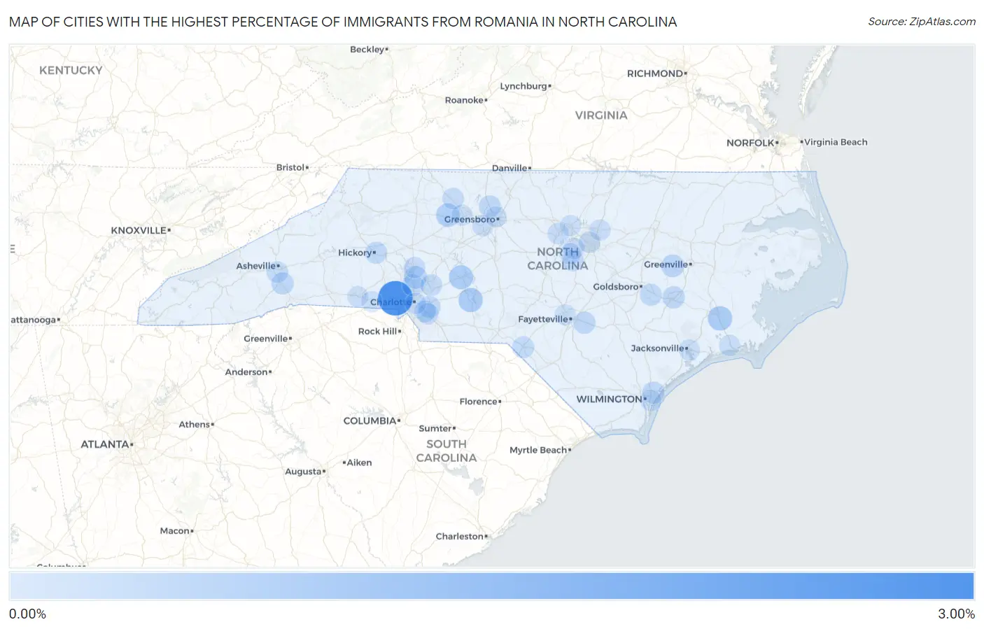 Cities with the Highest Percentage of Immigrants from Romania in North Carolina Map