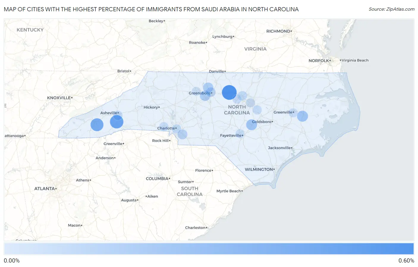 Cities with the Highest Percentage of Immigrants from Saudi Arabia in North Carolina Map