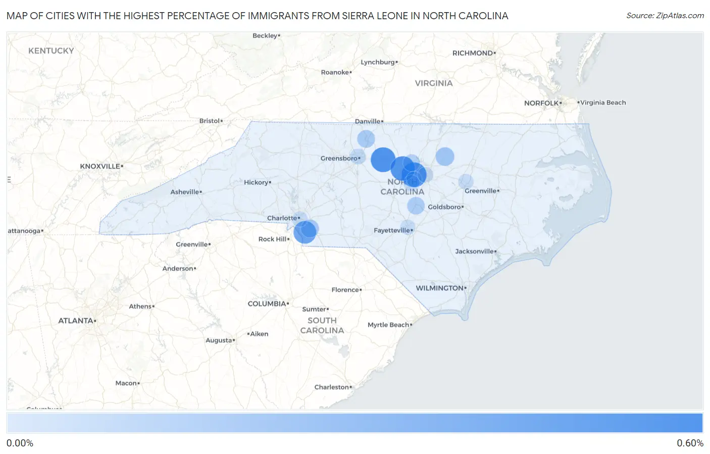 Cities with the Highest Percentage of Immigrants from Sierra Leone in North Carolina Map