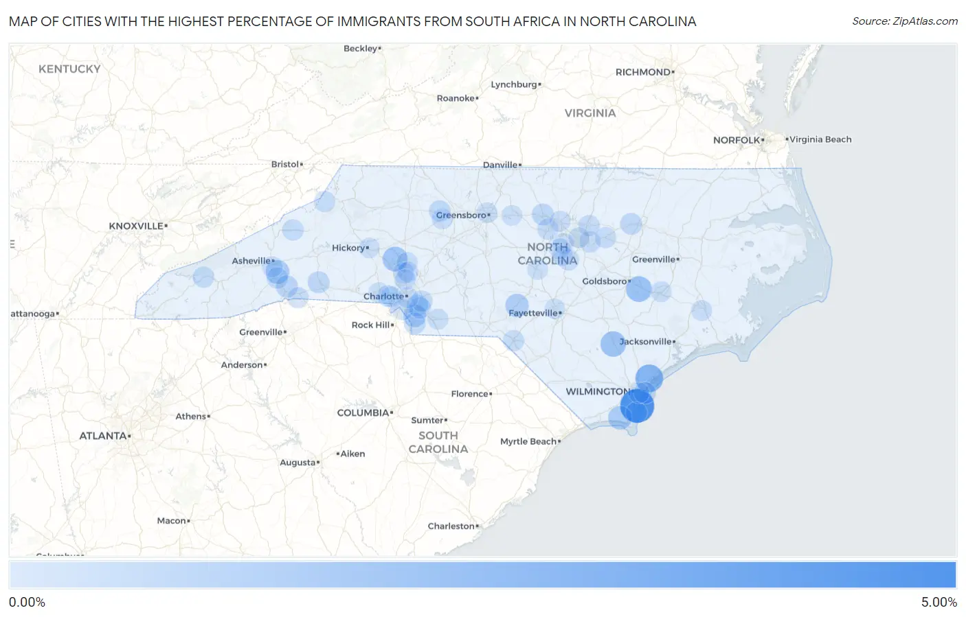 Cities with the Highest Percentage of Immigrants from South Africa in North Carolina Map