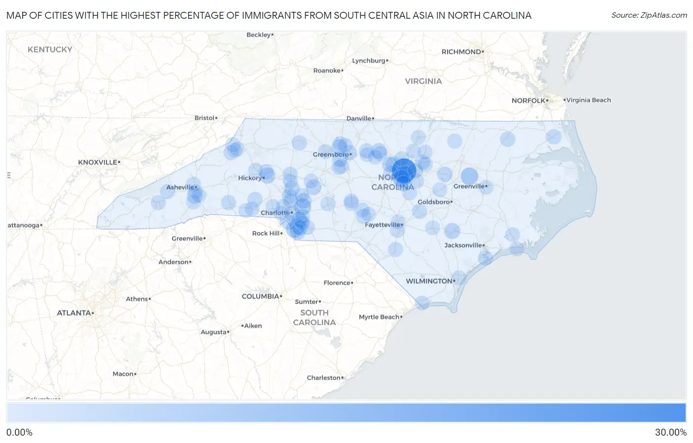 Cities with the Highest Percentage of Immigrants from South Central Asia in North Carolina Map