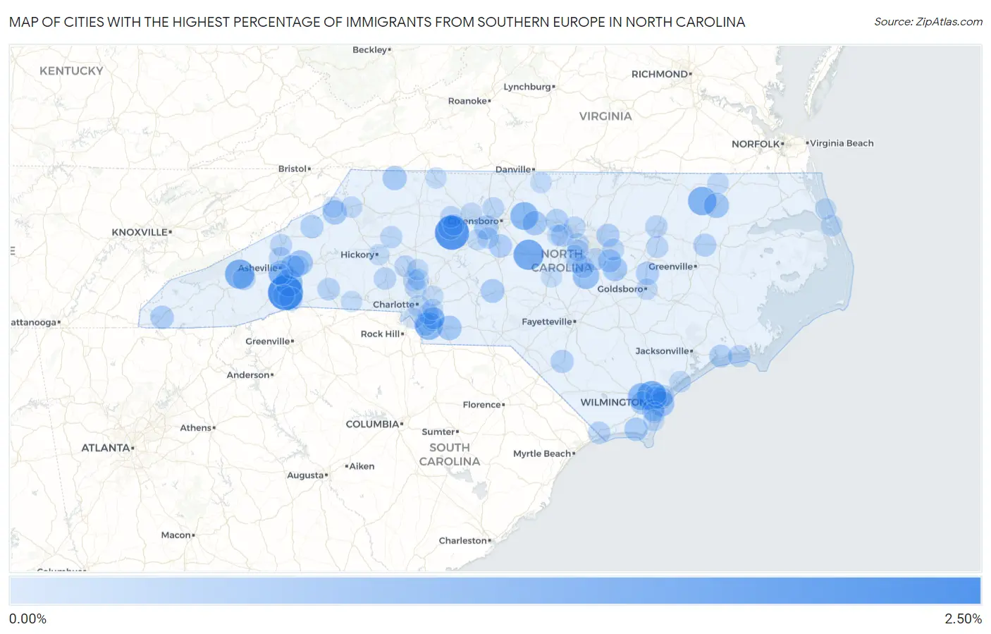 Cities with the Highest Percentage of Immigrants from Southern Europe in North Carolina Map