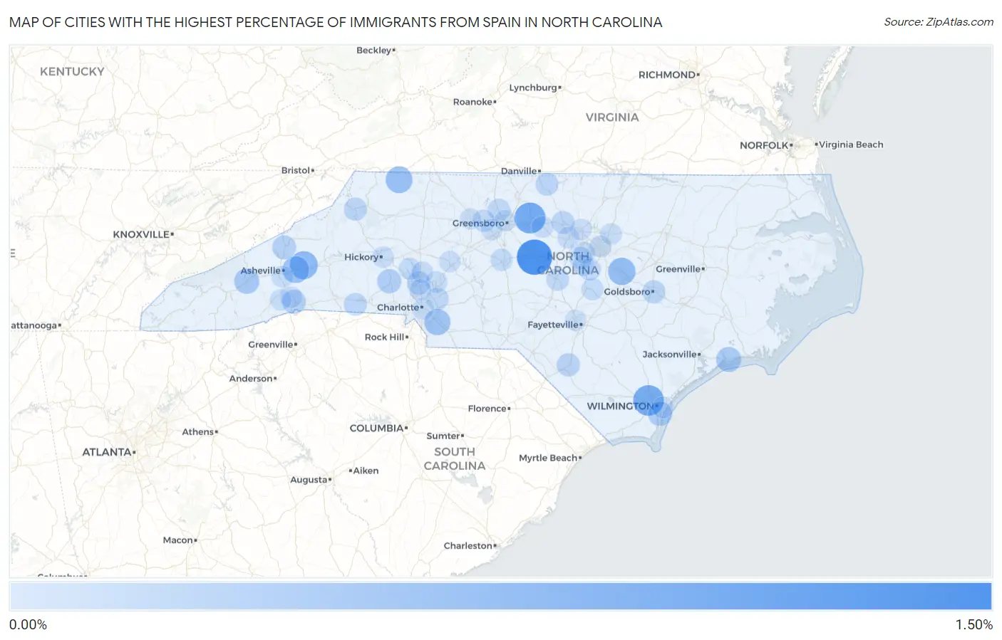 Cities with the Highest Percentage of Immigrants from Spain in North Carolina Map