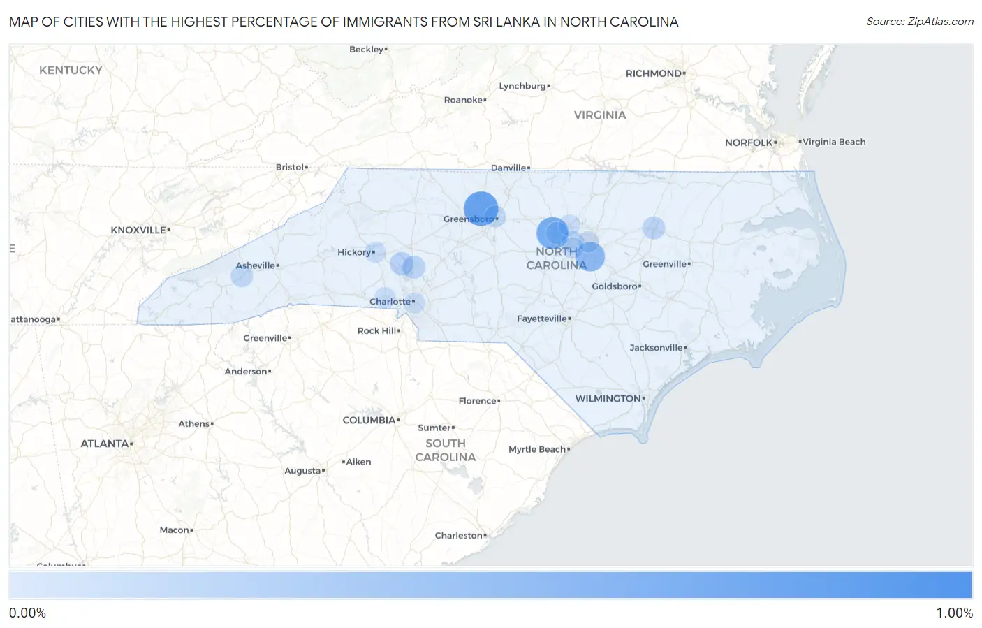 Cities with the Highest Percentage of Immigrants from Sri Lanka in North Carolina Map