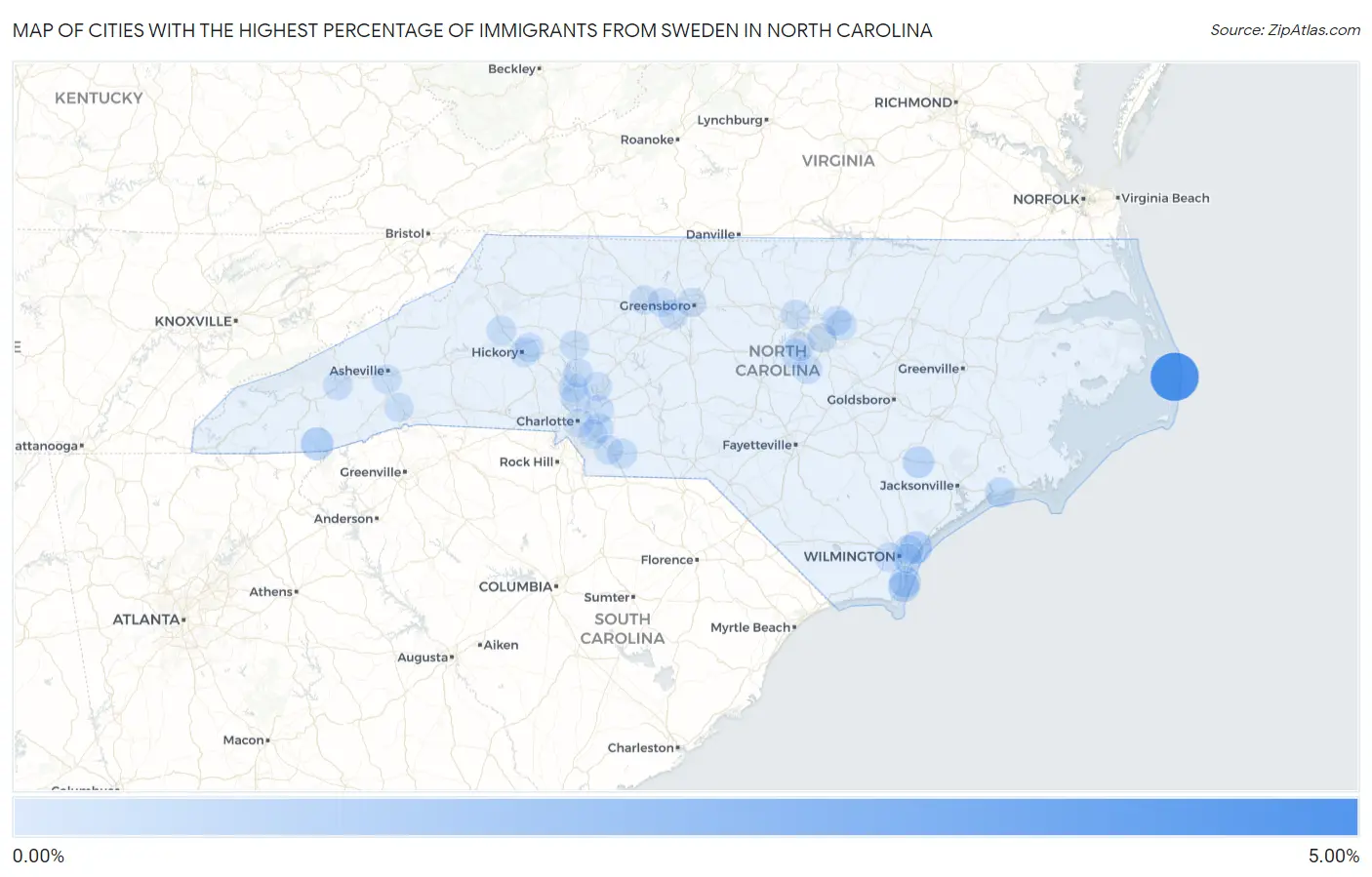 Cities with the Highest Percentage of Immigrants from Sweden in North Carolina Map