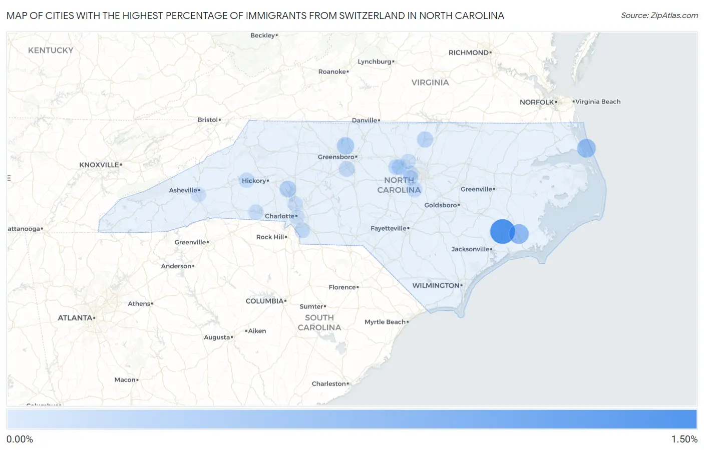 Cities with the Highest Percentage of Immigrants from Switzerland in North Carolina Map