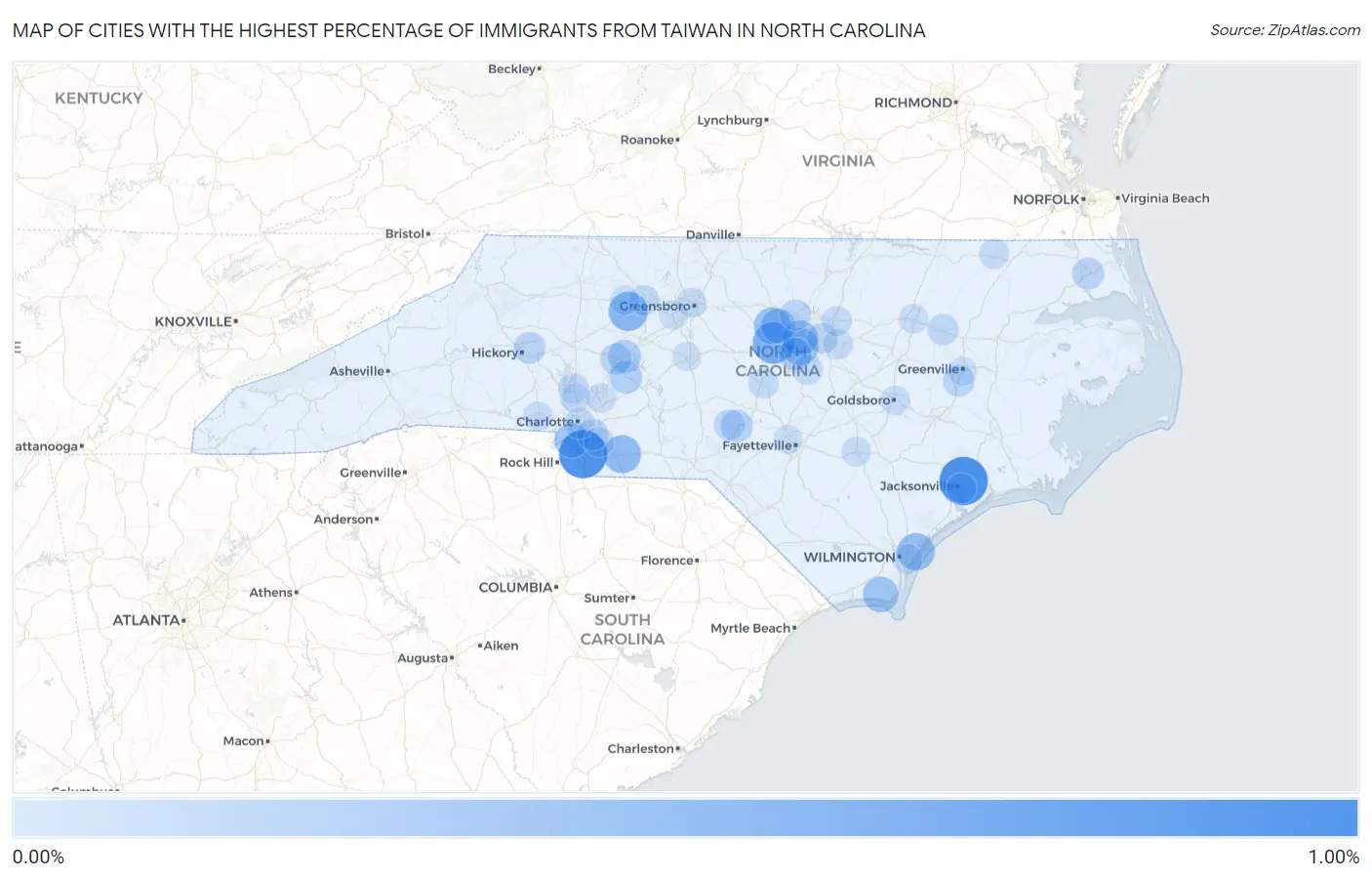 Cities with the Highest Percentage of Immigrants from Taiwan in North Carolina Map