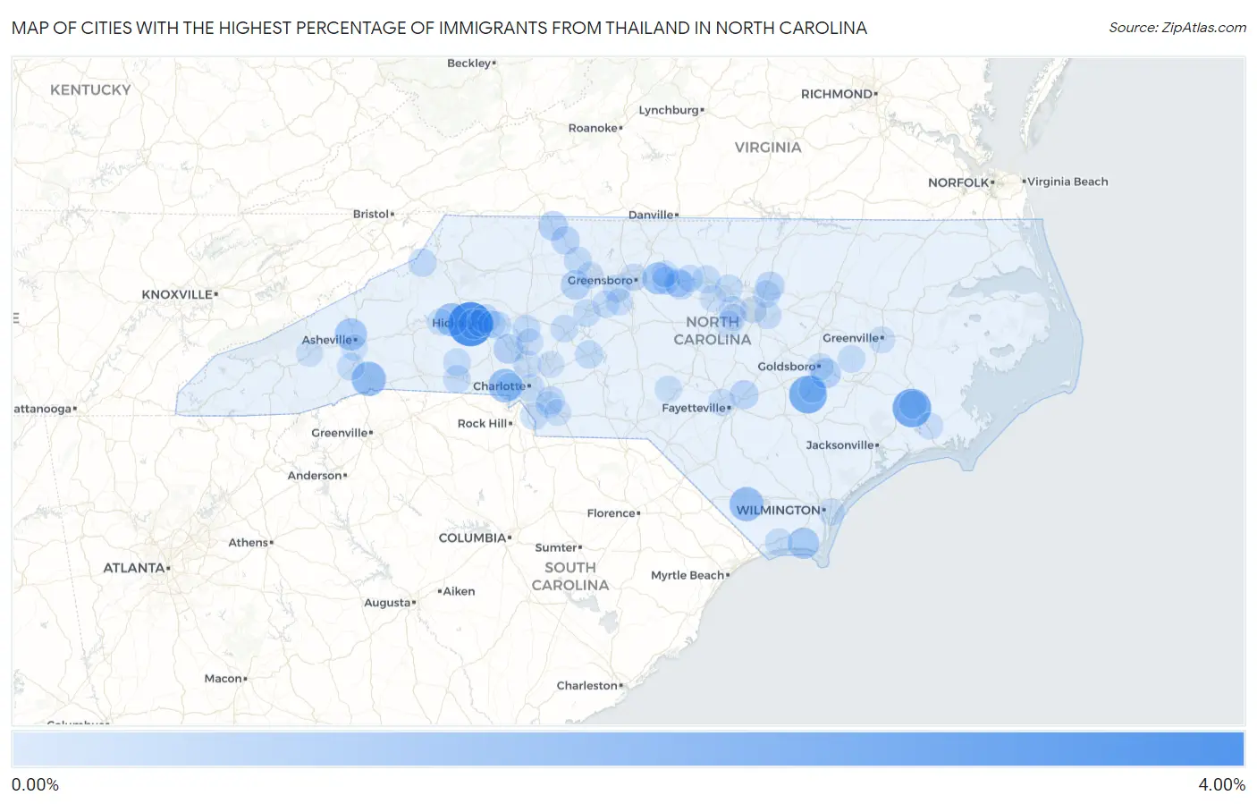 Cities with the Highest Percentage of Immigrants from Thailand in North Carolina Map