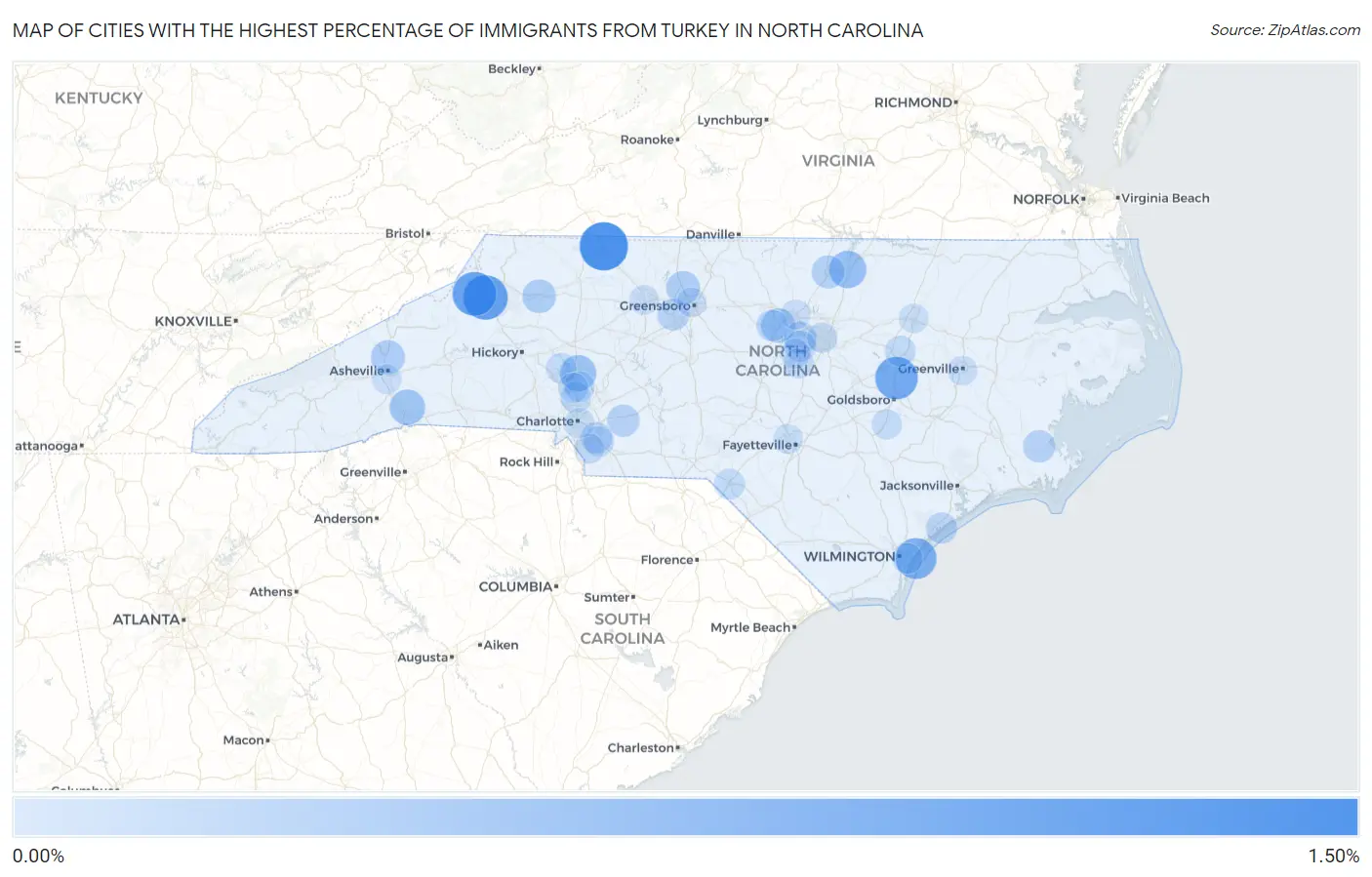 Cities with the Highest Percentage of Immigrants from Turkey in North Carolina Map
