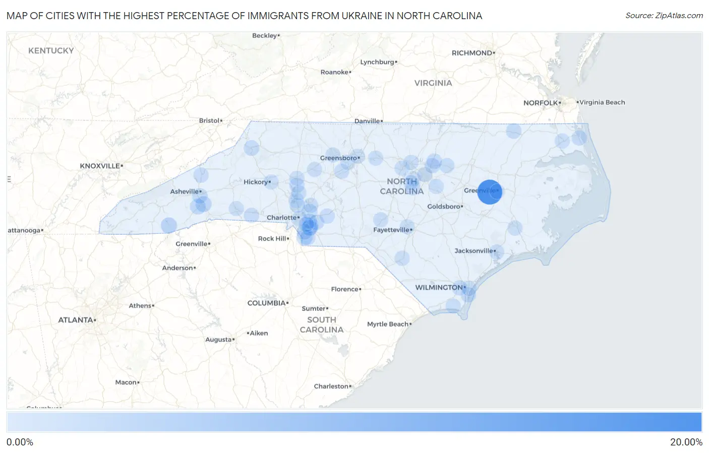 Cities with the Highest Percentage of Immigrants from Ukraine in North Carolina Map