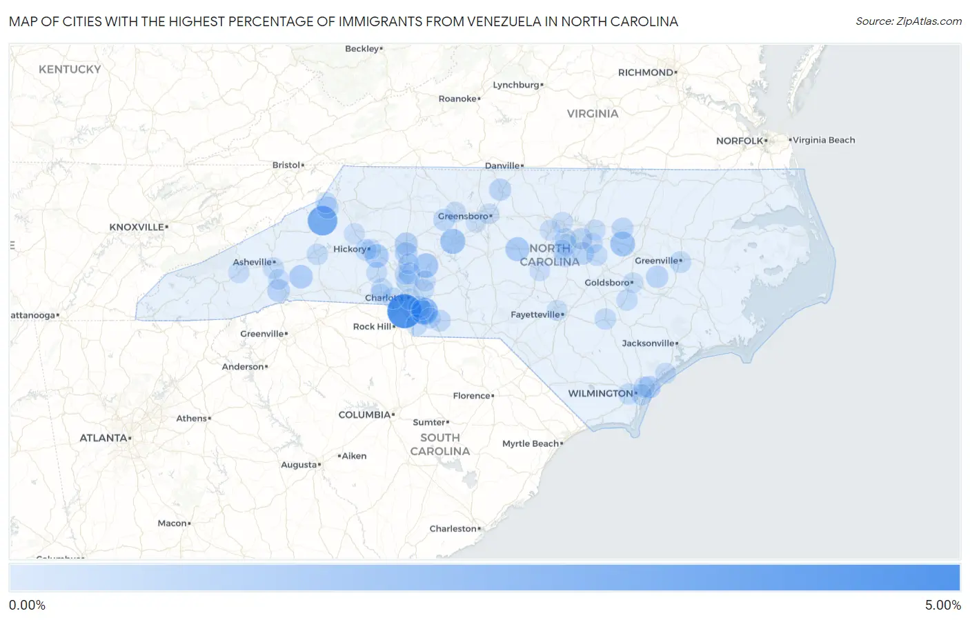 Cities with the Highest Percentage of Immigrants from Venezuela in North Carolina Map