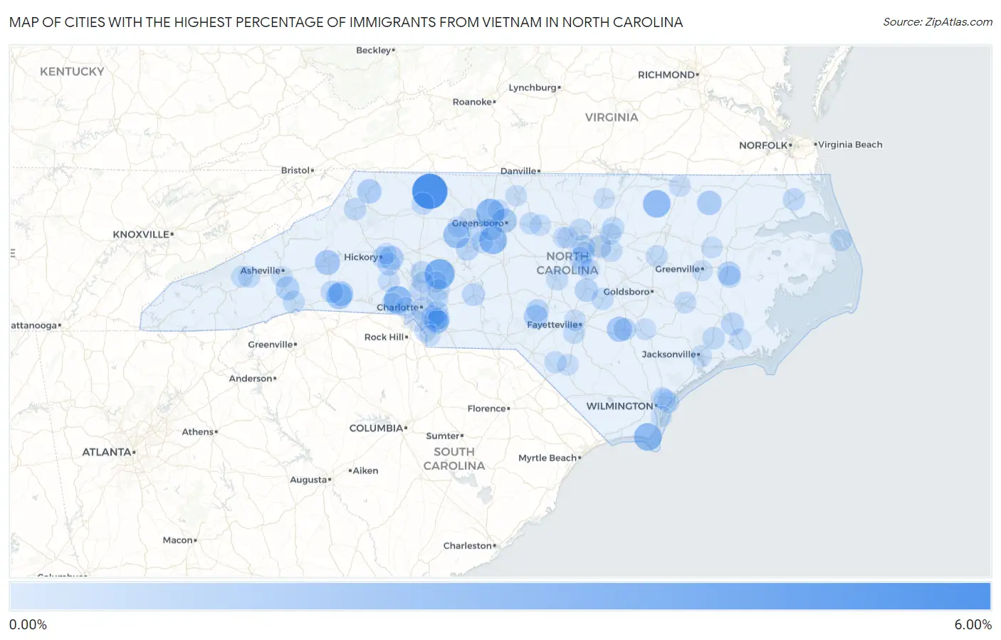 Cities with the Highest Percentage of Immigrants from Vietnam in North Carolina Map