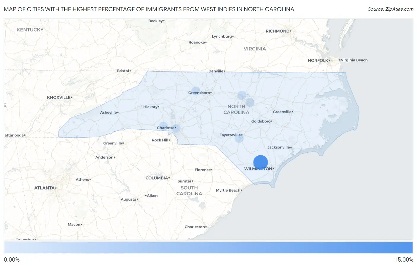 Cities with the Highest Percentage of Immigrants from West Indies in North Carolina Map