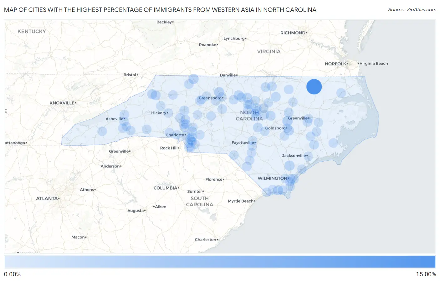 Cities with the Highest Percentage of Immigrants from Western Asia in North Carolina Map
