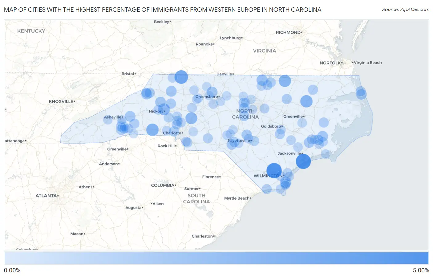 Cities with the Highest Percentage of Immigrants from Western Europe in North Carolina Map