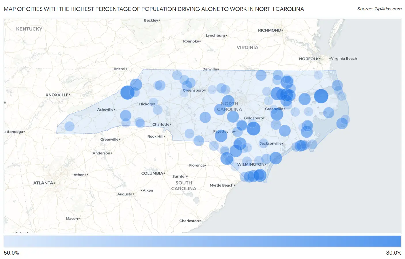 Cities with the Highest Percentage of Population Driving Alone to Work in North Carolina Map