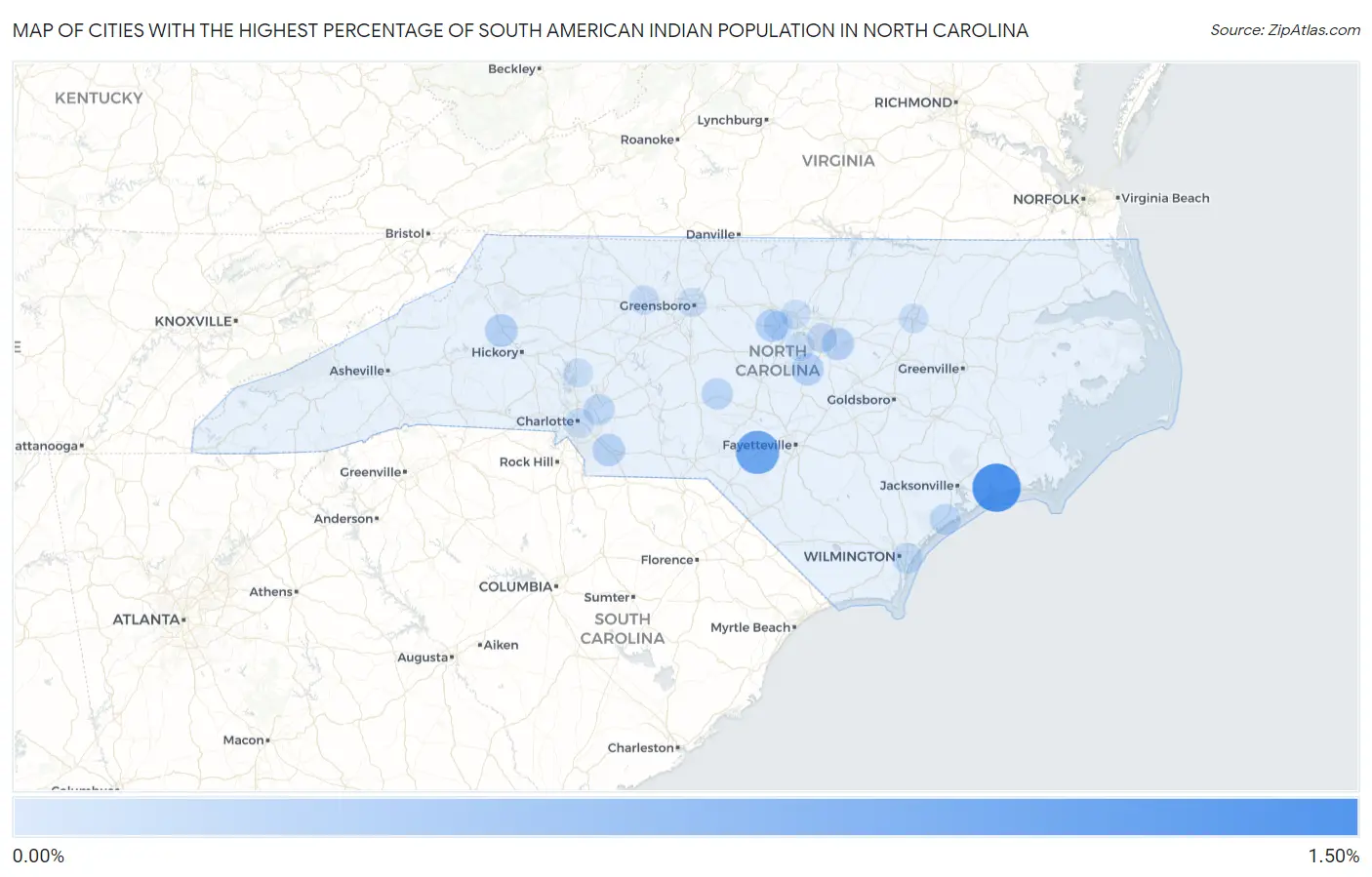 Cities with the Highest Percentage of South American Indian Population in North Carolina Map