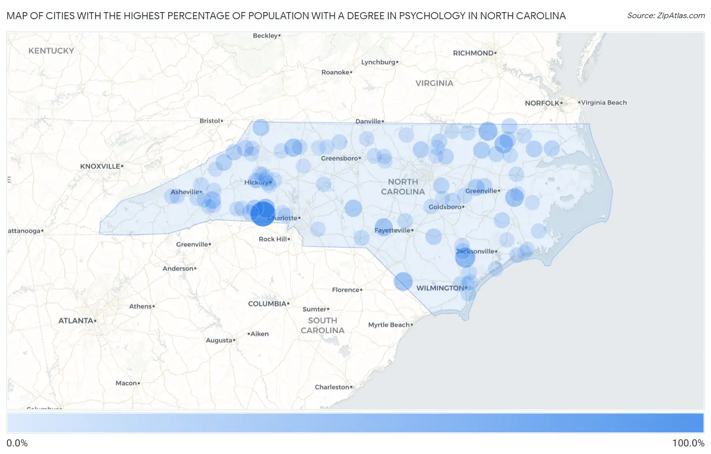 Cities with the Highest Percentage of Population with a Degree in Psychology in North Carolina Map