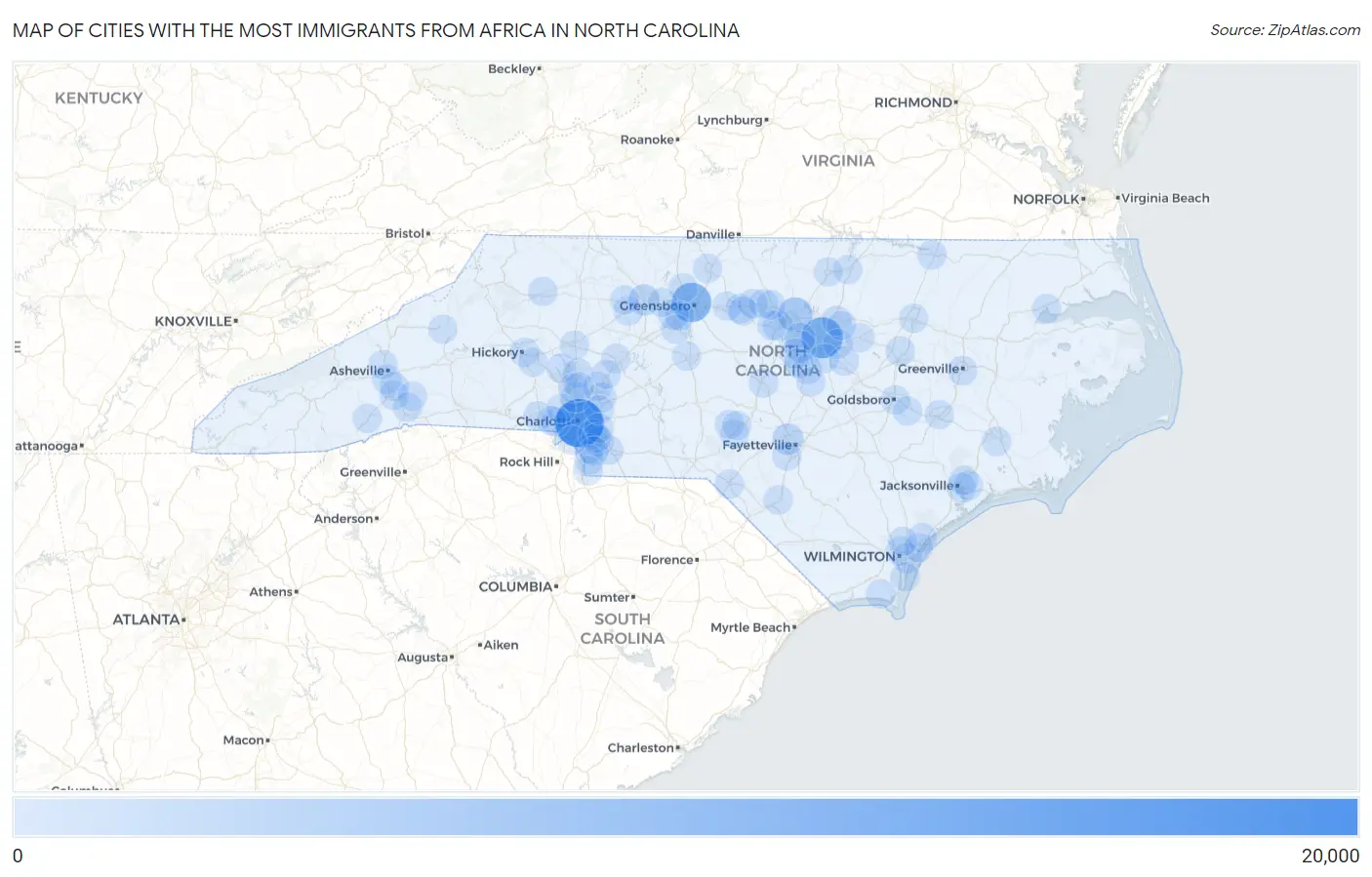 Cities with the Most Immigrants from Africa in North Carolina Map