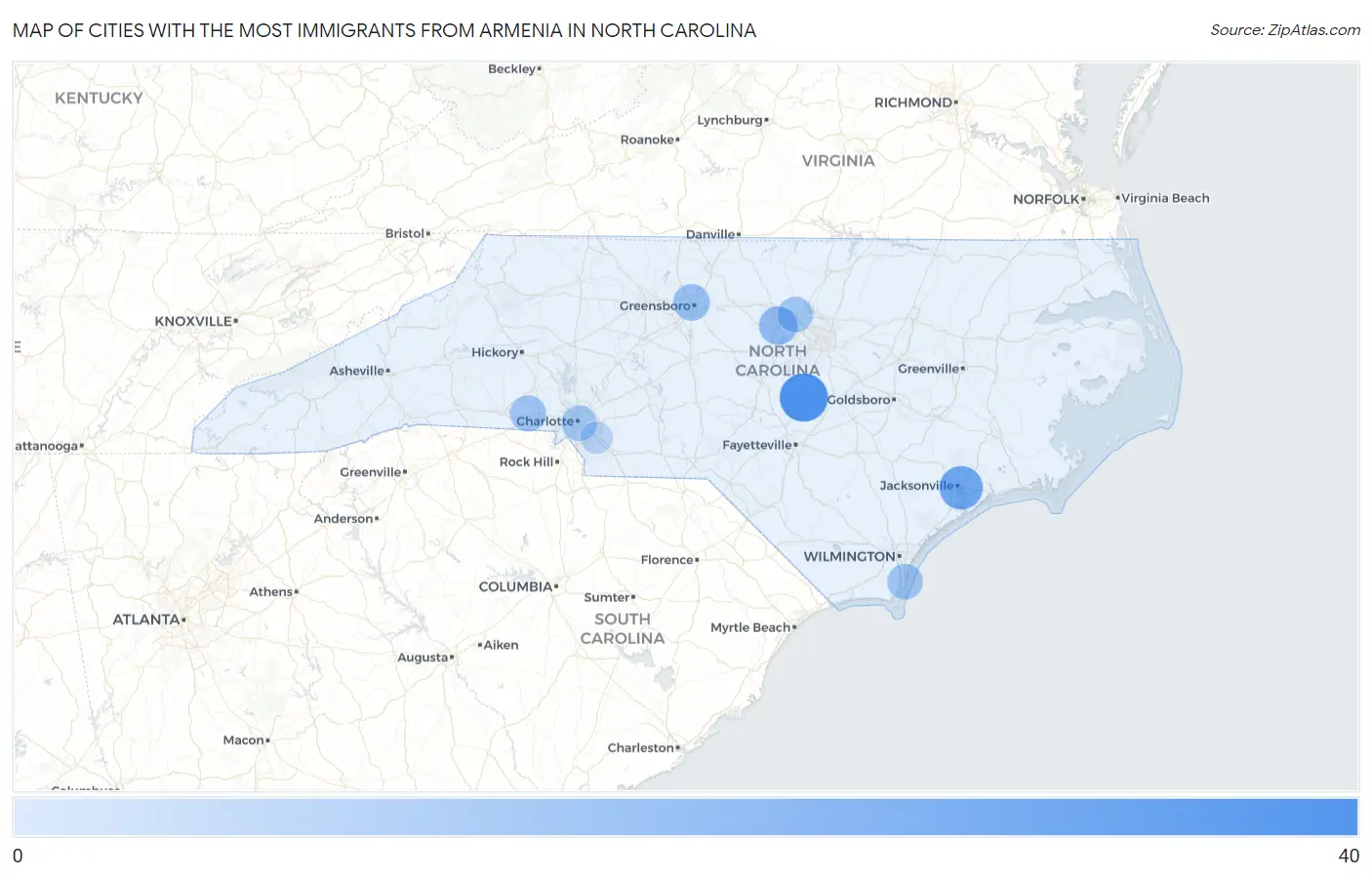 Cities with the Most Immigrants from Armenia in North Carolina Map