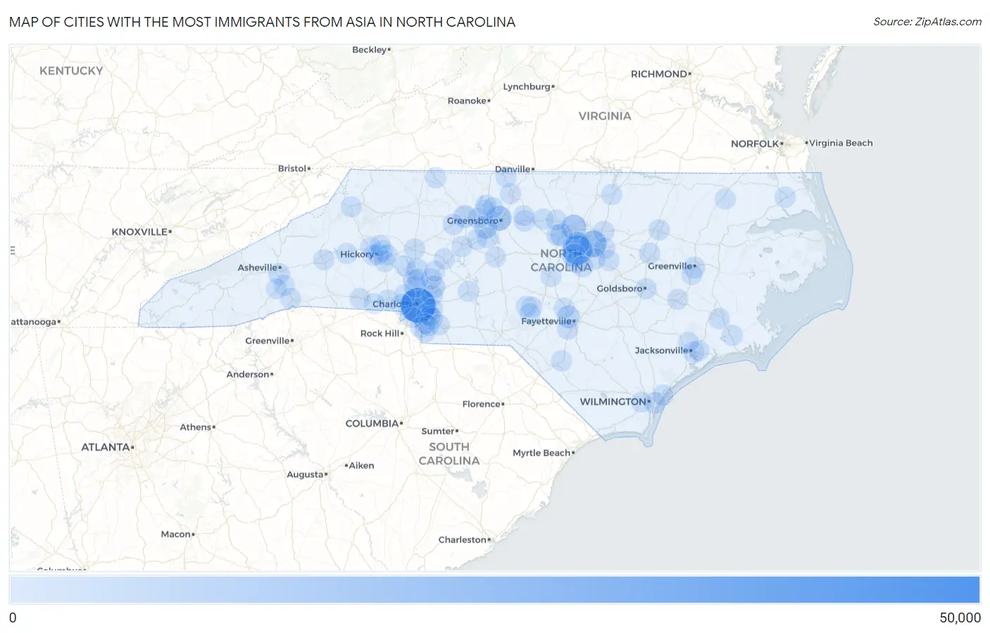 Cities with the Most Immigrants from Asia in North Carolina Map