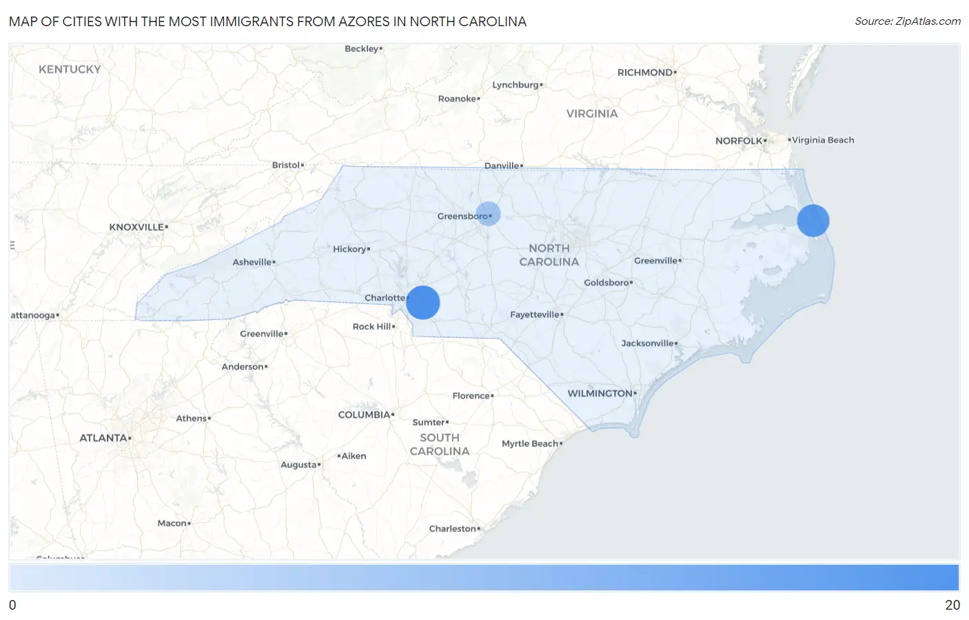 Cities with the Most Immigrants from Azores in North Carolina Map