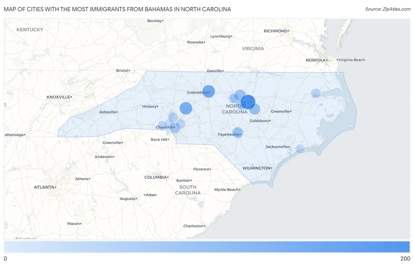 Cities with the Most Immigrants from Bahamas in North Carolina Map