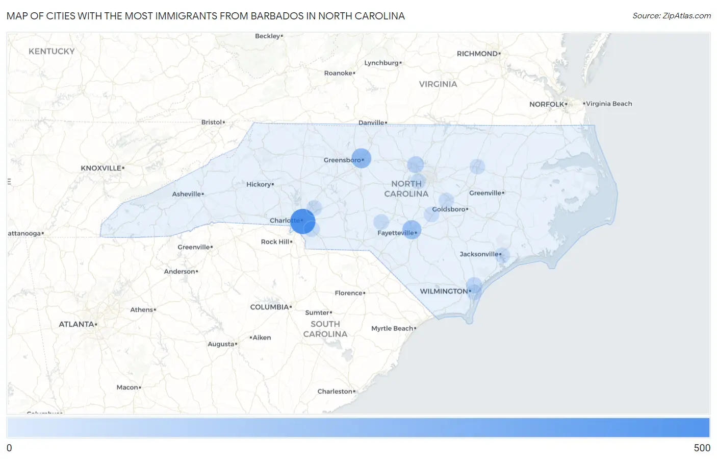 Cities with the Most Immigrants from Barbados in North Carolina Map