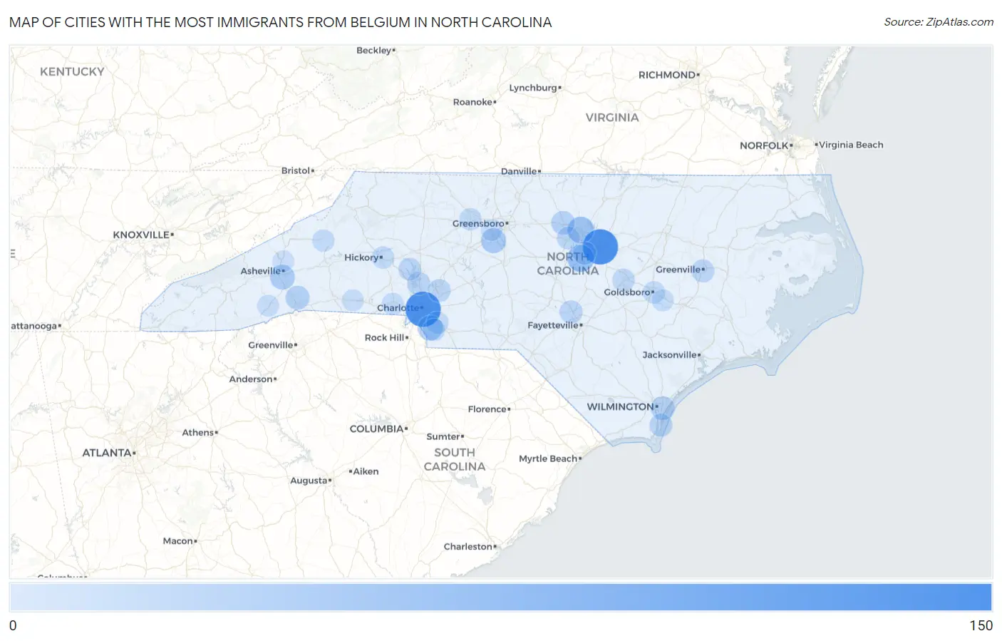 Cities with the Most Immigrants from Belgium in North Carolina Map
