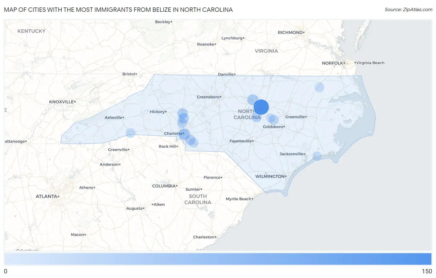 Cities with the Most Immigrants from Belize in North Carolina Map
