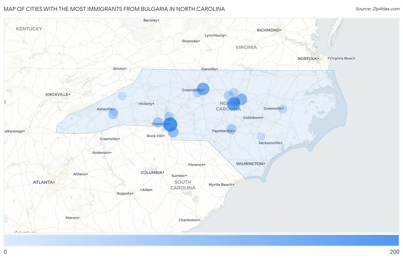 Cities with the Most Immigrants from Bulgaria in North Carolina Map