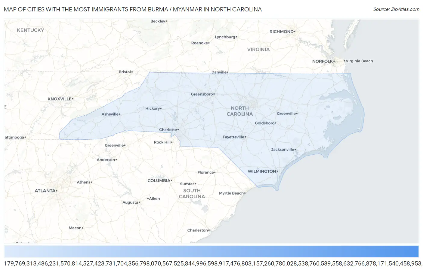 Cities with the Most Immigrants from Burma / Myanmar in North Carolina Map
