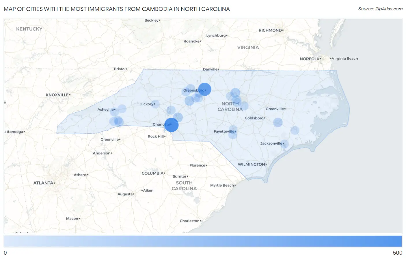 Cities with the Most Immigrants from Cambodia in North Carolina Map