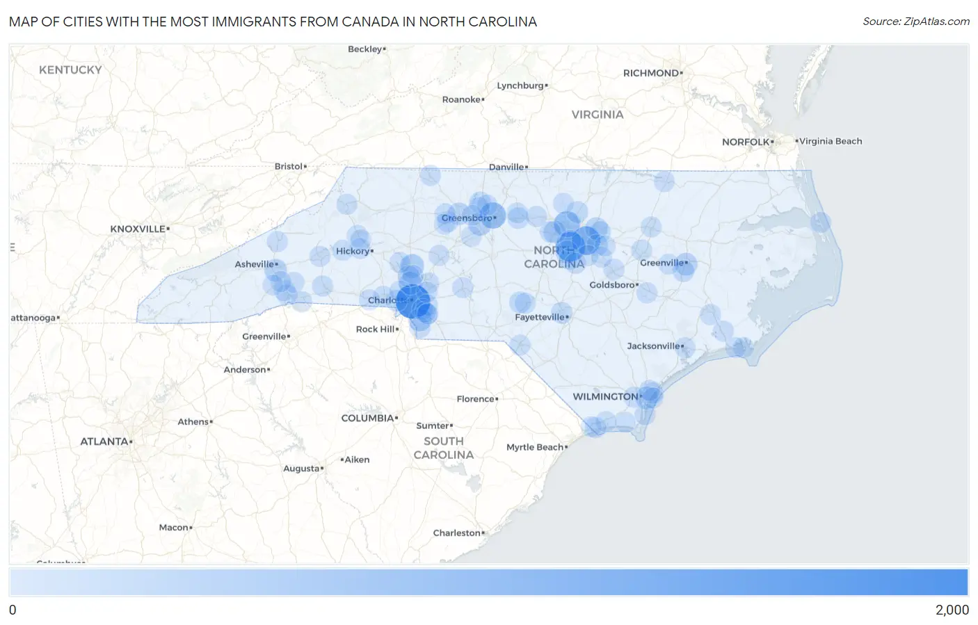Cities with the Most Immigrants from Canada in North Carolina Map