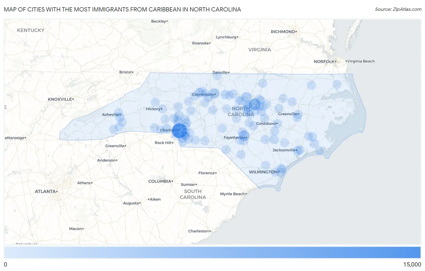 Cities with the Most Immigrants from Caribbean in North Carolina Map