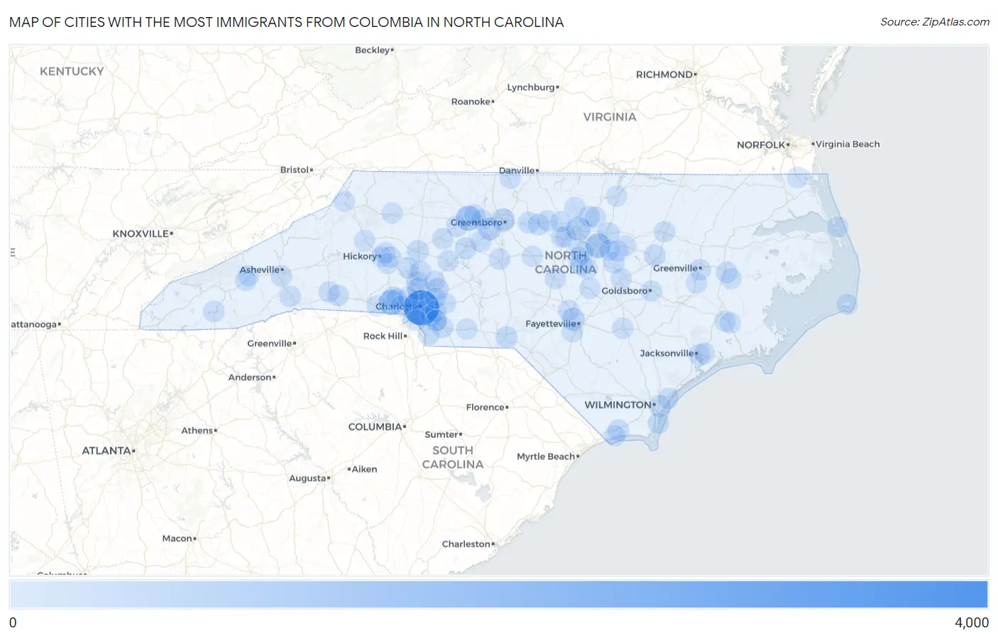 Cities with the Most Immigrants from Colombia in North Carolina Map