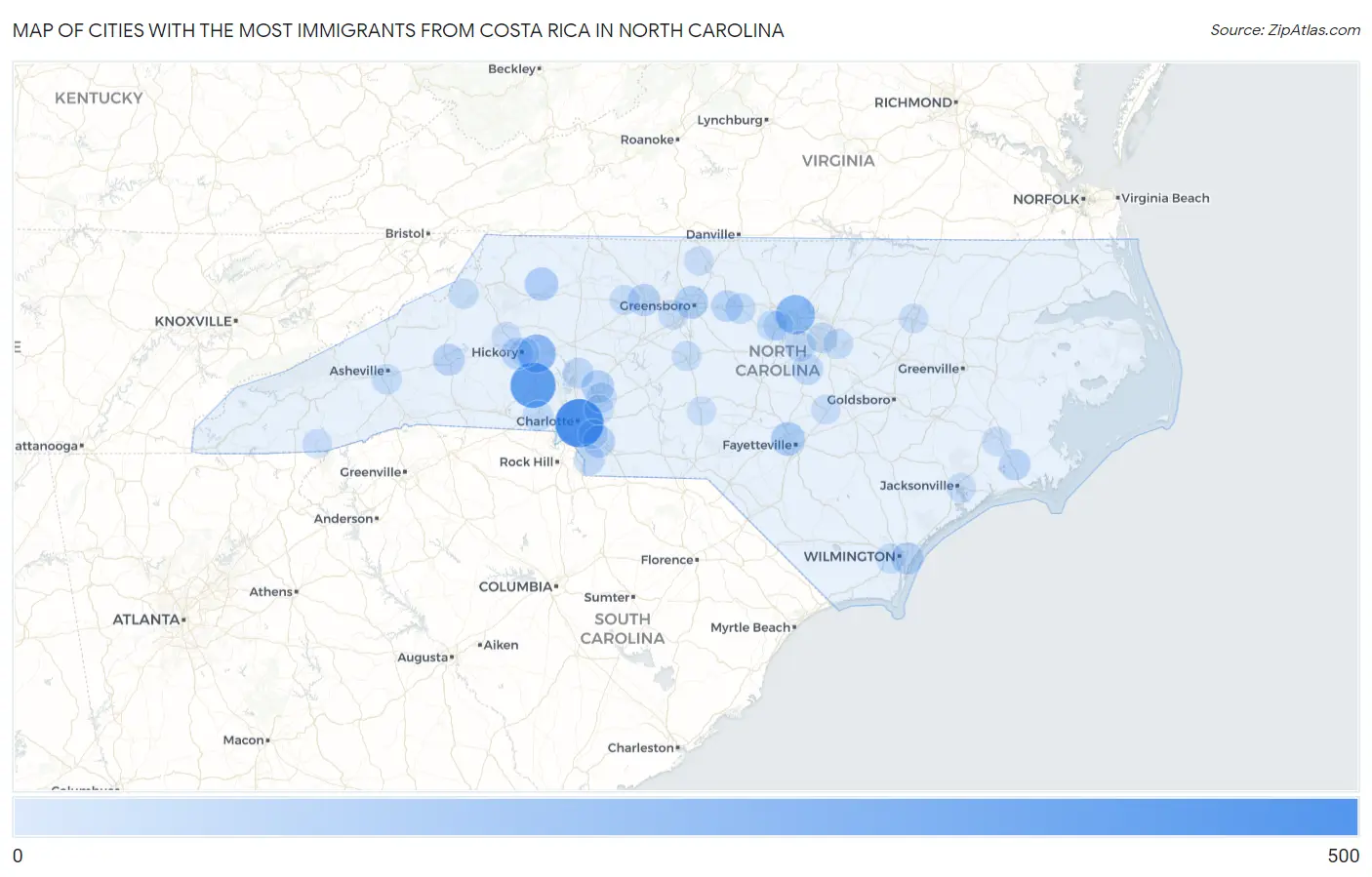 Cities with the Most Immigrants from Costa Rica in North Carolina Map