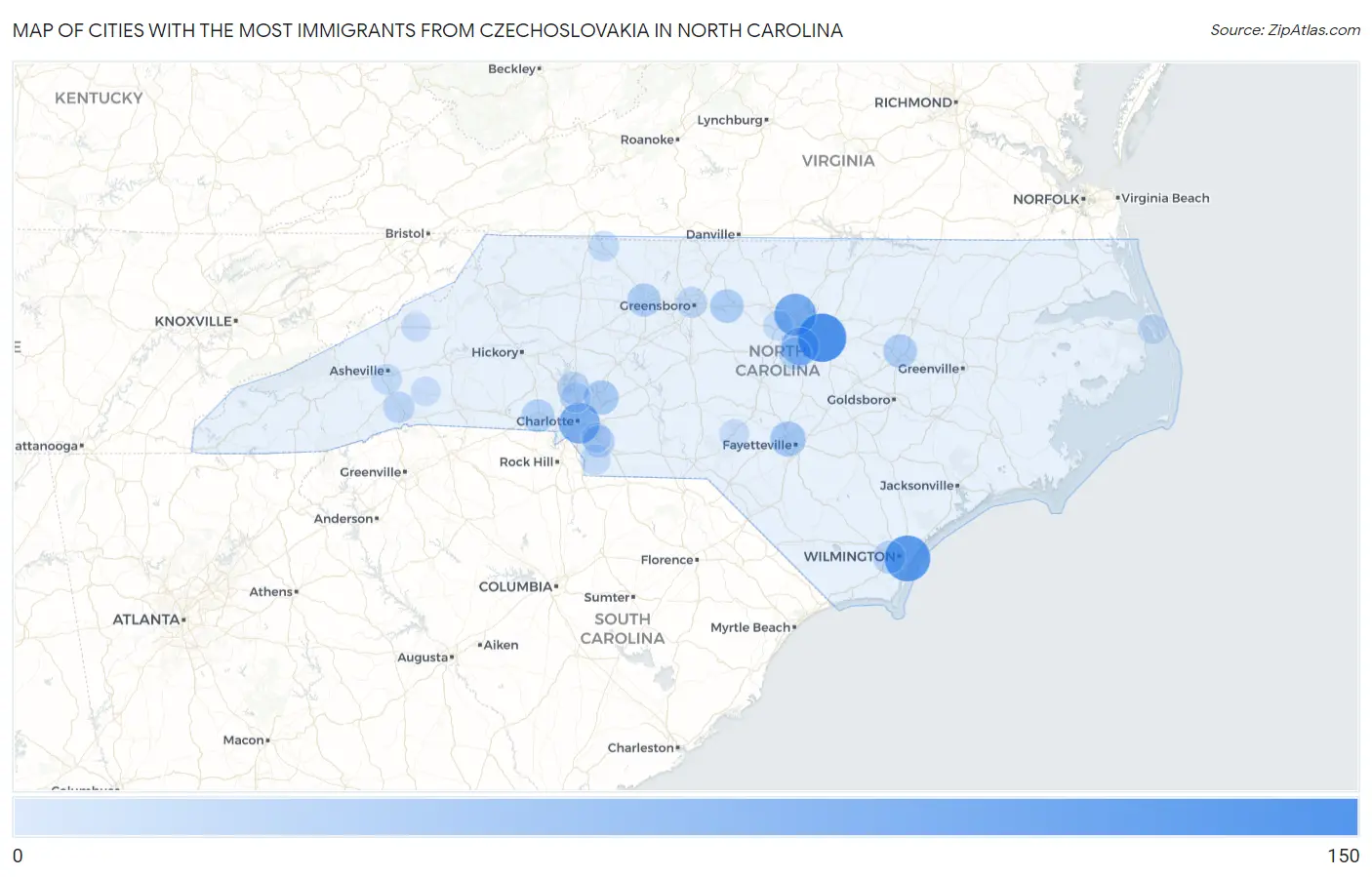Cities with the Most Immigrants from Czechoslovakia in North Carolina Map